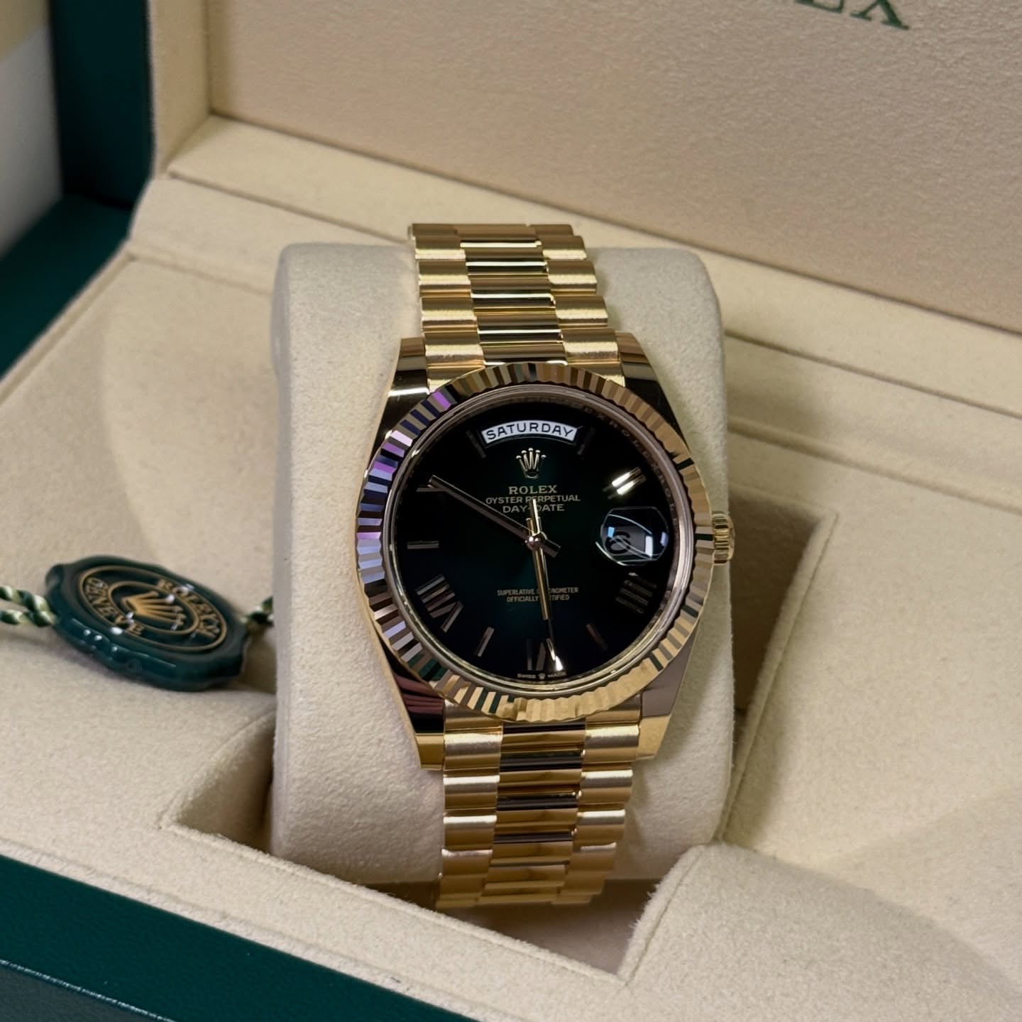Rolex Day-Date 40mm –  Green “Stella” Roman Dial